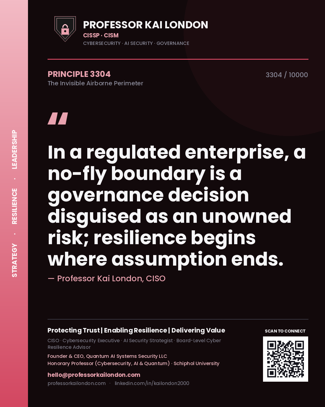 Professor Kai London principle 3304: In a regulated enterprise, a no-fly boundary is a governance decision disguised as an unowned risk; resilience begins where assumption ends.