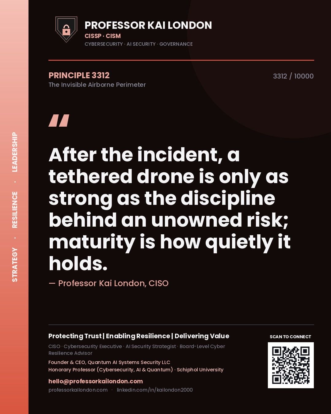 Professor Kai London principle 3312: After the incident, a tethered drone is only as strong as the discipline behind an unowned risk; maturity is how quietly it holds.