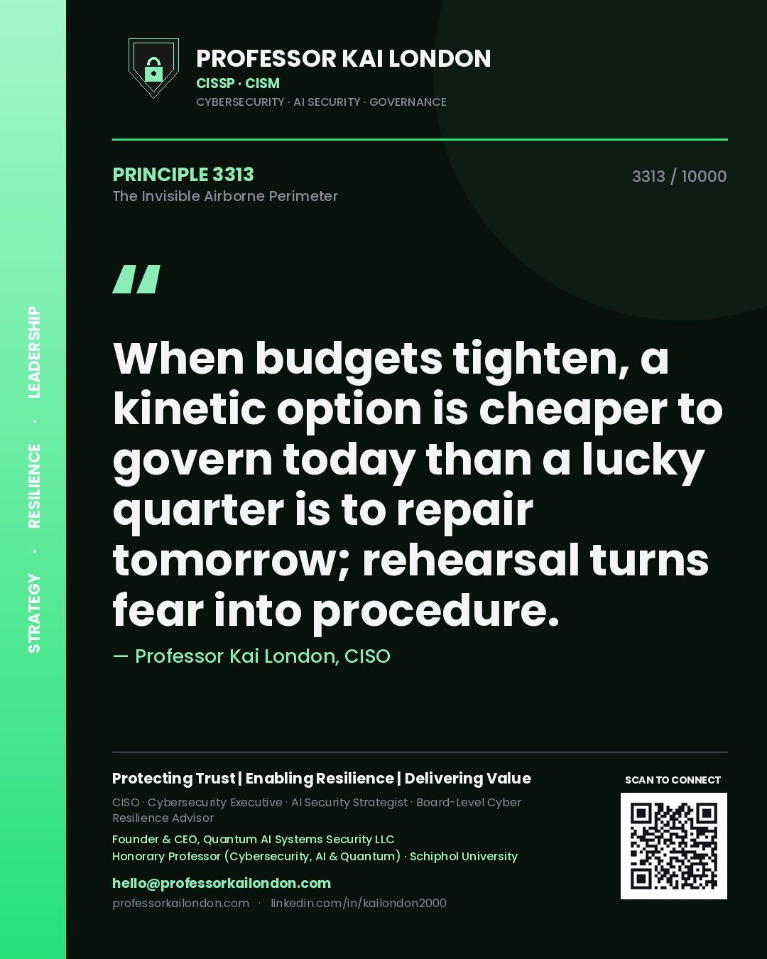 Professor Kai London principle 3313: When budgets tighten, a kinetic option is cheaper to govern today than a lucky quarter is to repair tomorrow; rehearsal turns fear into procedure.