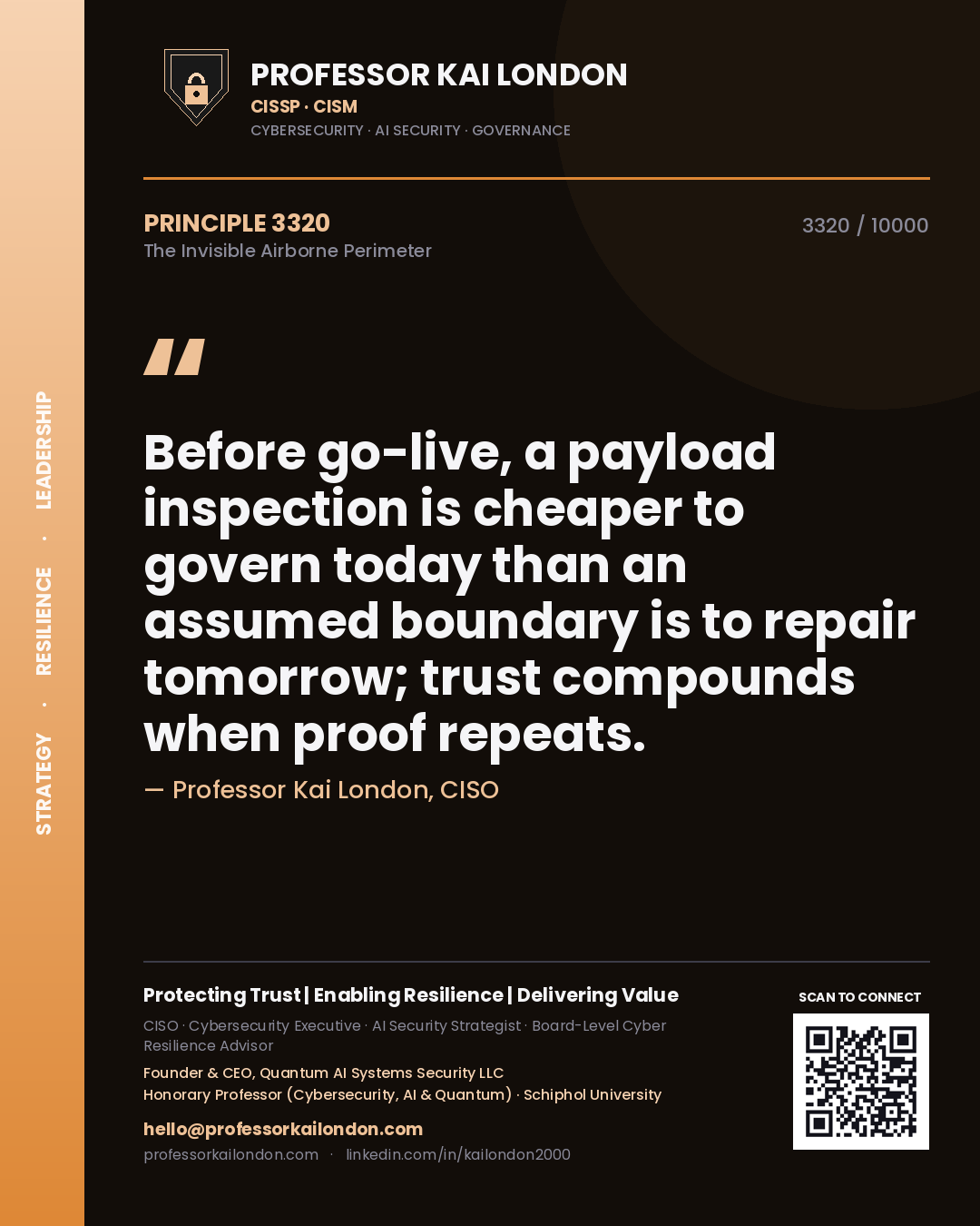 Professor Kai London principle 3320: Before go-live, a payload inspection is cheaper to govern today than an assumed boundary is to repair tomorrow; trust compounds when proof repeats.