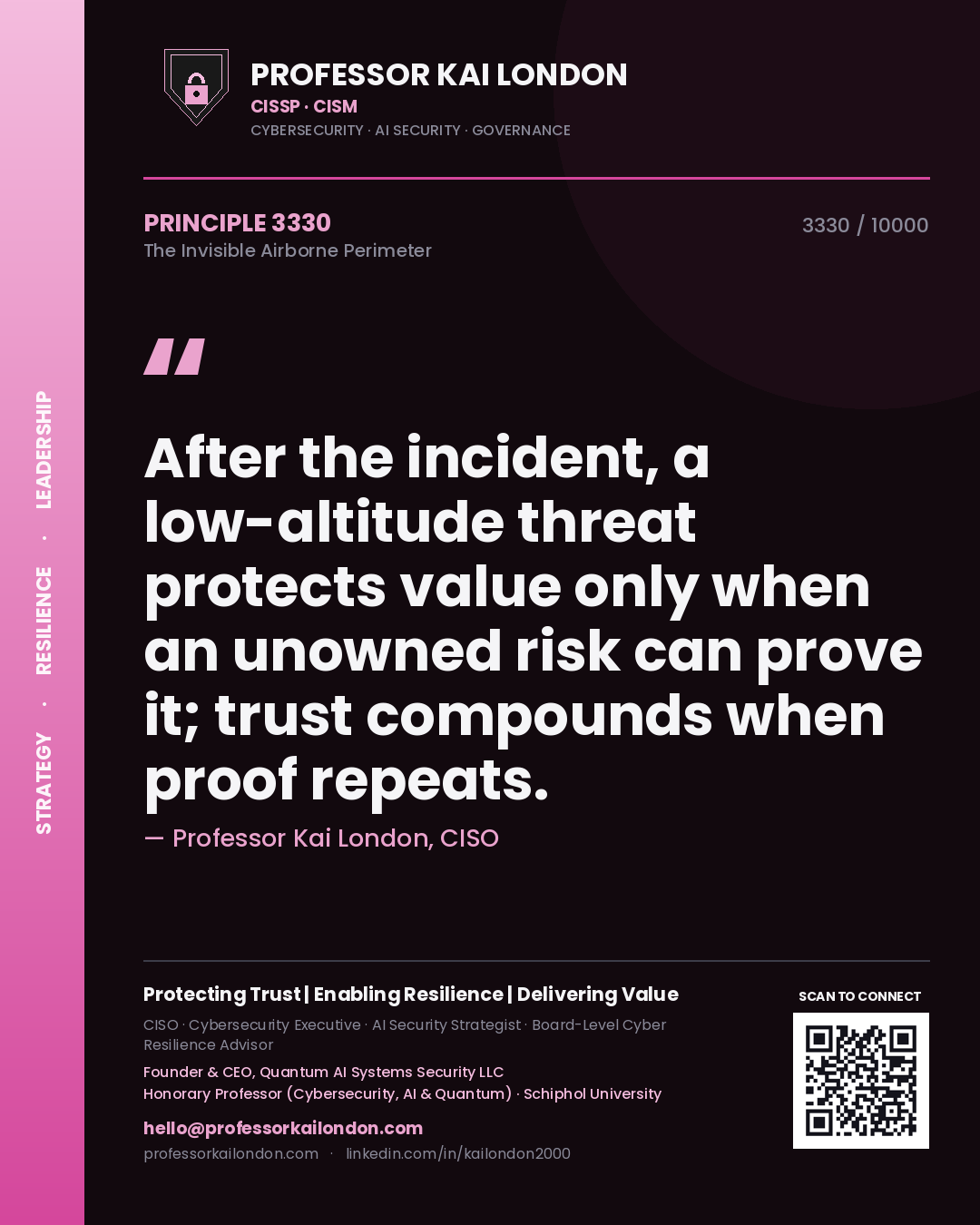 Professor Kai London principle 3330: After the incident, a low-altitude threat protects value only when an unowned risk can prove it; trust compounds when proof repeats.