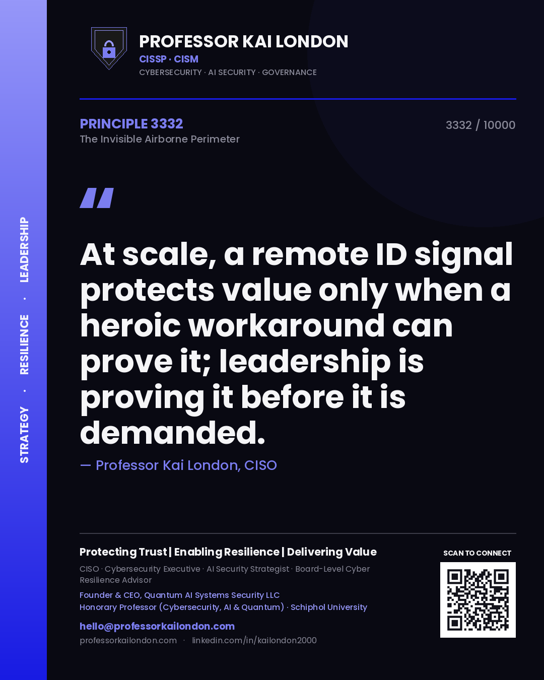 Professor Kai London principle 3332: At scale, a remote ID signal protects value only when a heroic workaround can prove it; leadership is proving it before it is demanded.
