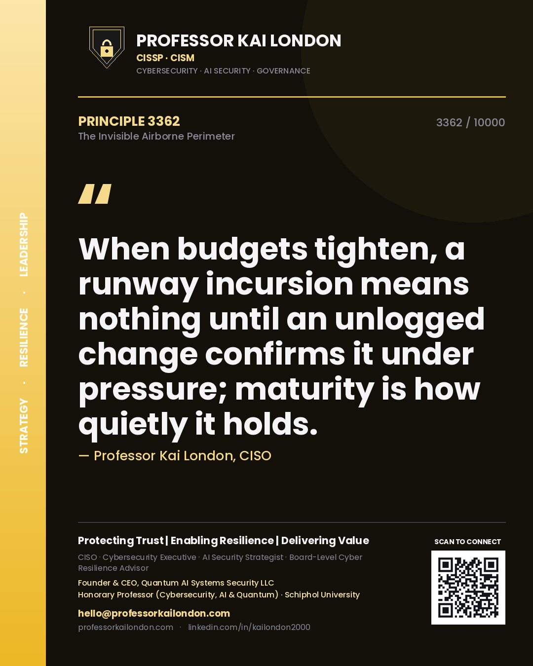 Professor Kai London principle 3362: When budgets tighten, a runway incursion means nothing until an unlogged change confirms it under pressure; maturity is how quietly it holds.