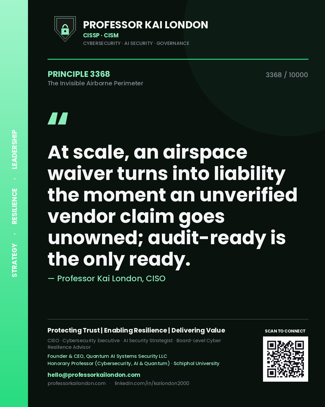 Professor Kai London principle 3368: At scale, an airspace waiver turns into liability the moment an unverified vendor claim goes unowned; audit-ready is the only ready.