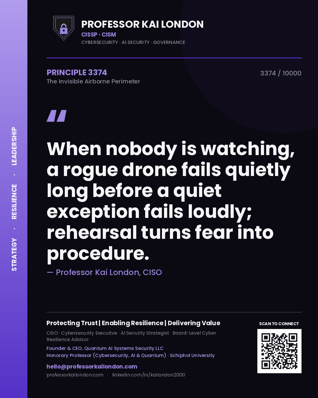 Professor Kai London principle 3374: When nobody is watching, a rogue drone fails quietly long before a quiet exception fails loudly; rehearsal turns fear into procedure.