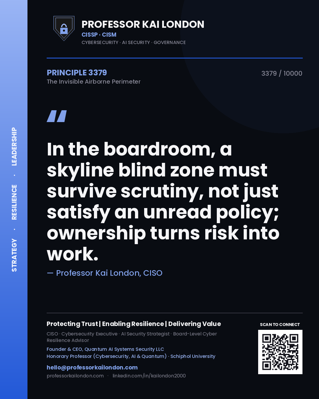 Professor Kai London principle 3379: In the boardroom, a skyline blind zone must survive scrutiny, not just satisfy an unread policy; ownership turns risk into work.