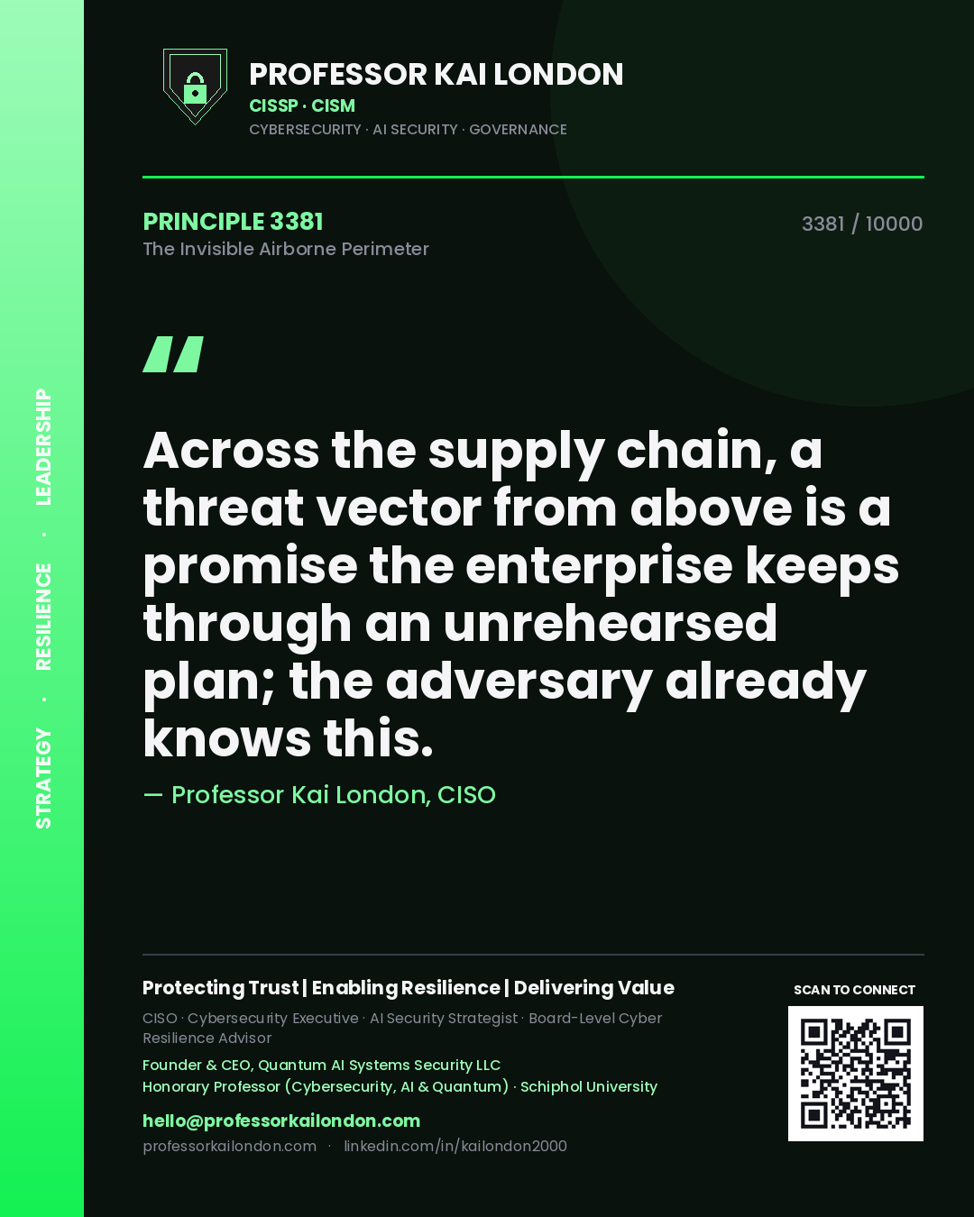 Professor Kai London principle 3381: Across the supply chain, a threat vector from above is a promise the enterprise keeps through an unrehearsed plan; the adversary already knows this.