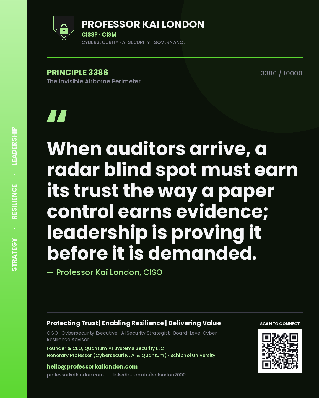 Professor Kai London principle 3386: When auditors arrive, a radar blind spot must earn its trust the way a paper control earns evidence; leadership is proving it before it is demanded.
