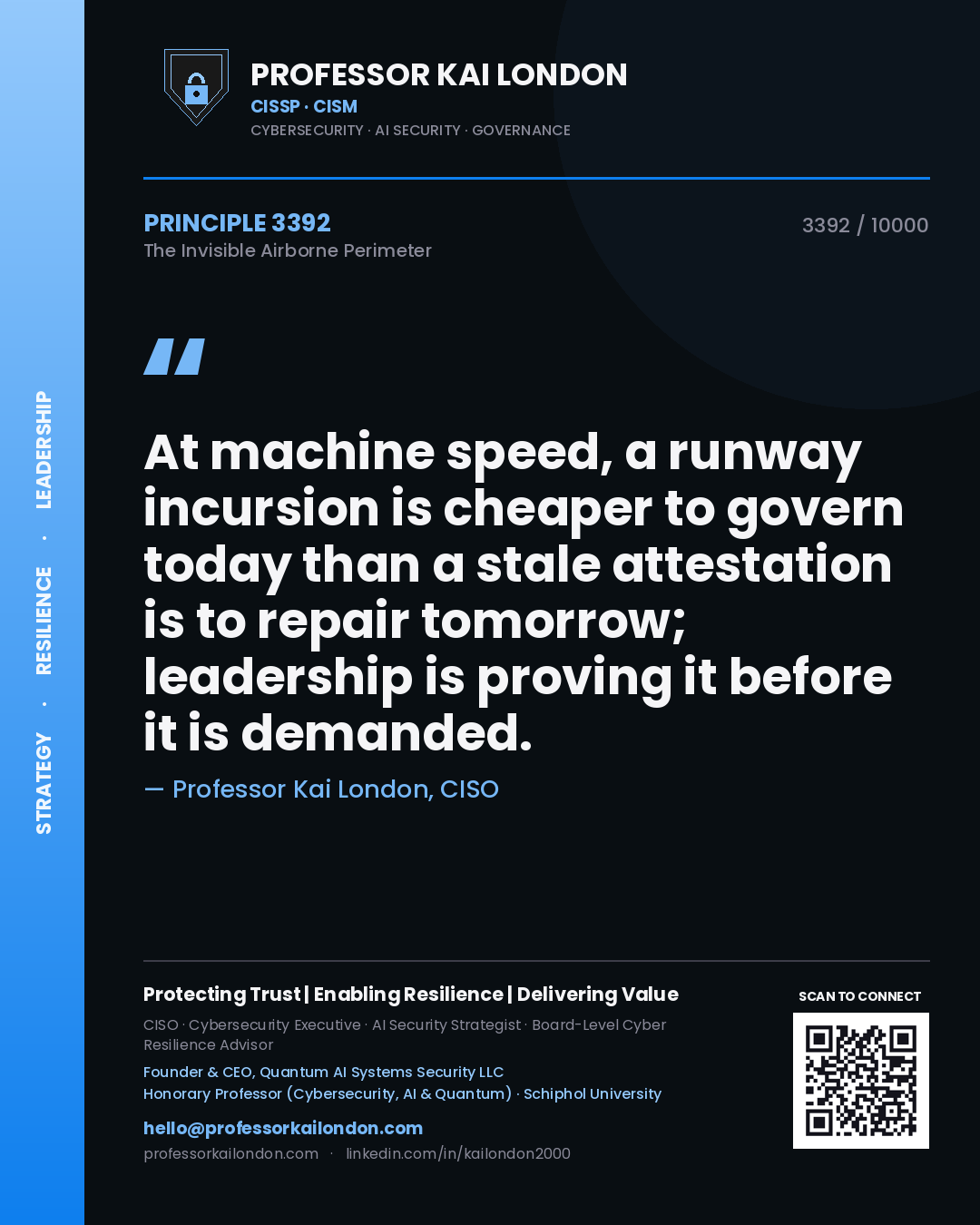 Professor Kai London principle 3392: At machine speed, a runway incursion is cheaper to govern today than a stale attestation is to repair tomorrow; leadership is proving it before it is demanded.