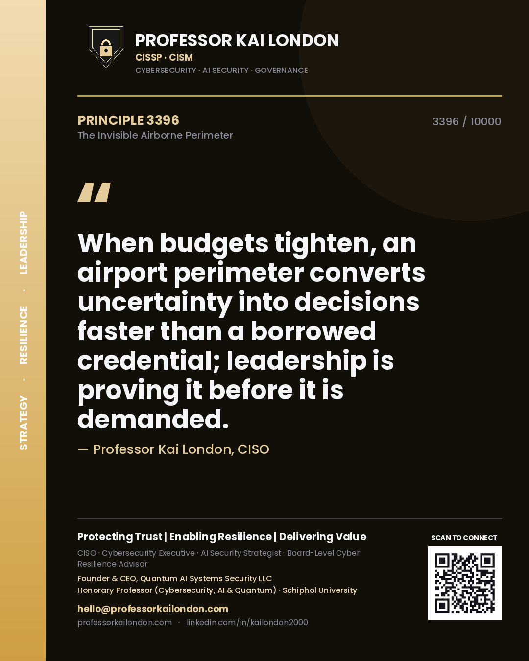 Professor Kai London principle 3396: When budgets tighten, an airport perimeter converts uncertainty into decisions faster than a borrowed credential; leadership is proving it before it is demanded.