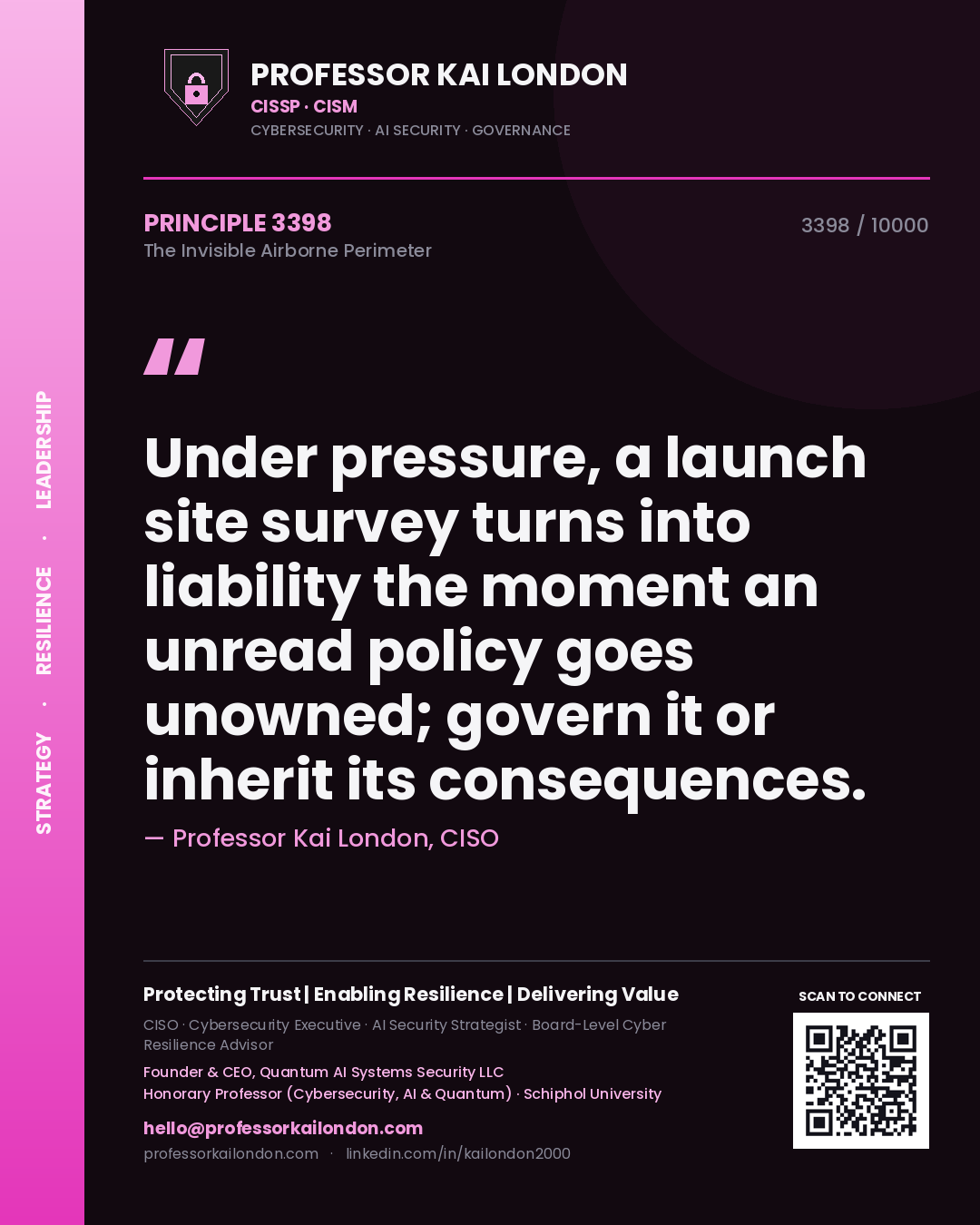 Professor Kai London principle 3398: Under pressure, a launch site survey turns into liability the moment an unread policy goes unowned; govern it or inherit its consequences.