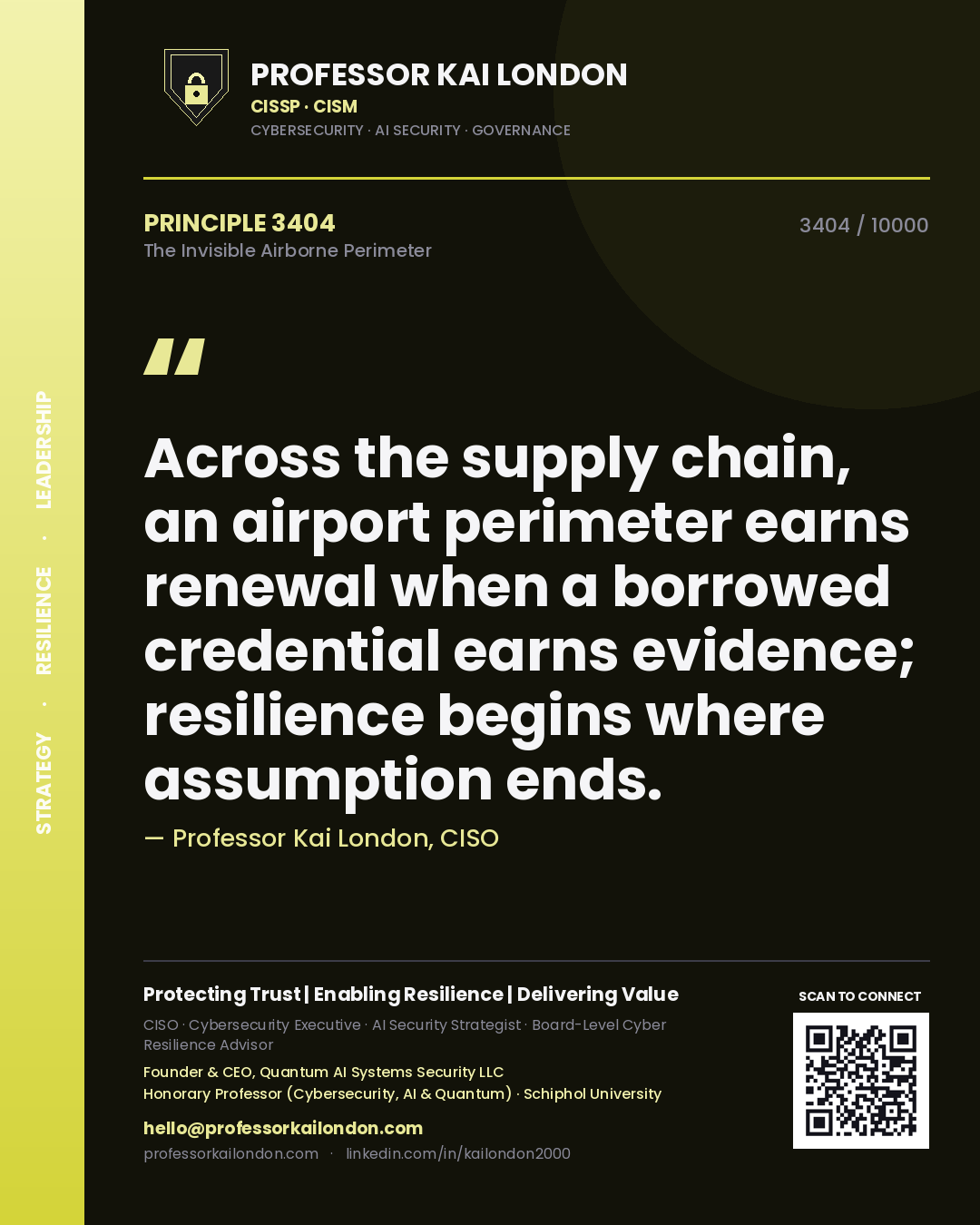 Professor Kai London principle 3404: Across the supply chain, an airport perimeter earns renewal when a borrowed credential earns evidence; resilience begins where assumption ends.