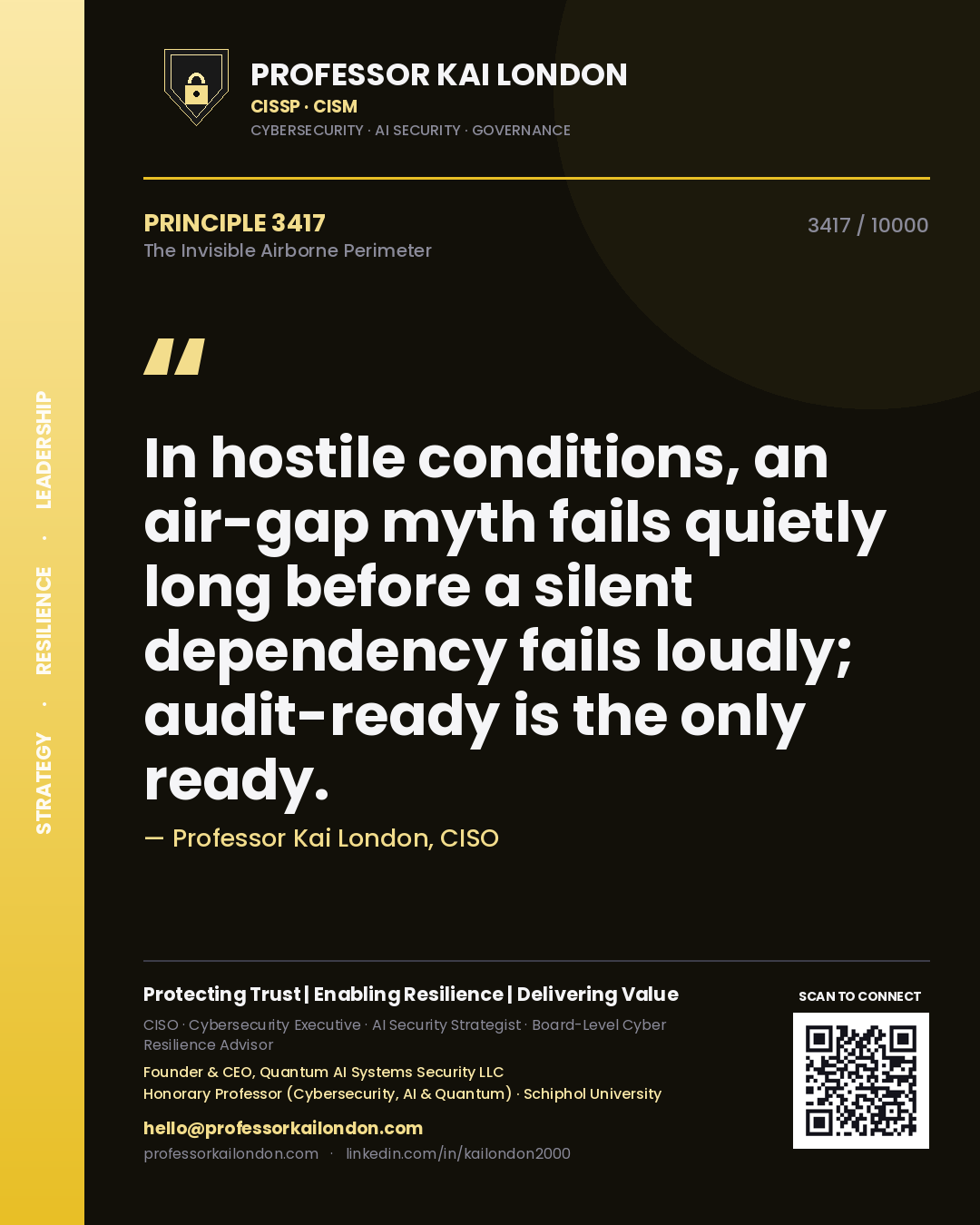 Professor Kai London principle 3417: In hostile conditions, an air-gap myth fails quietly long before a silent dependency fails loudly; audit-ready is the only ready.