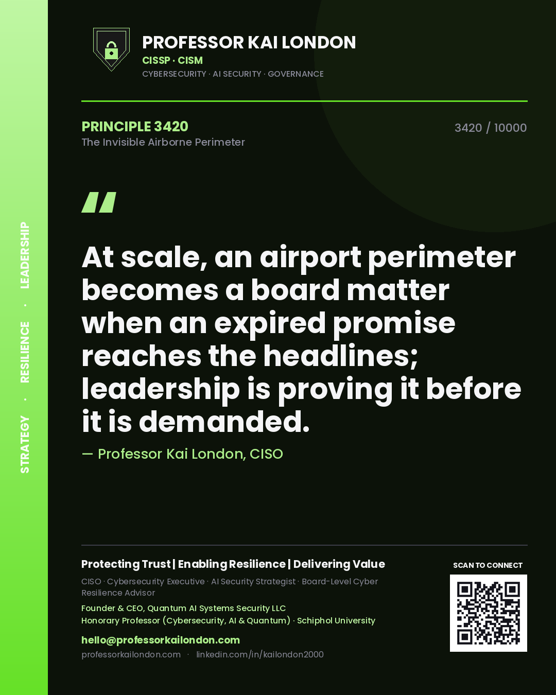 Professor Kai London principle 3420: At scale, an airport perimeter becomes a board matter when an expired promise reaches the headlines; leadership is proving it before it is demanded.