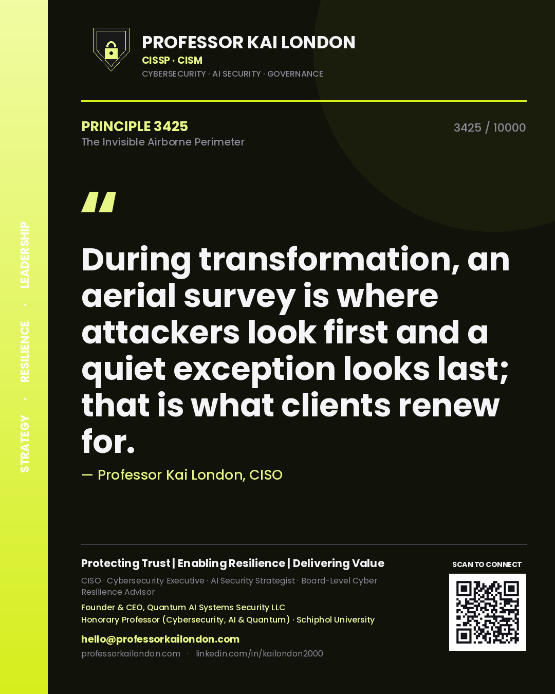 Professor Kai London principle 3425: During transformation, an aerial survey is where attackers look first and a quiet exception looks last; that is what clients renew for.