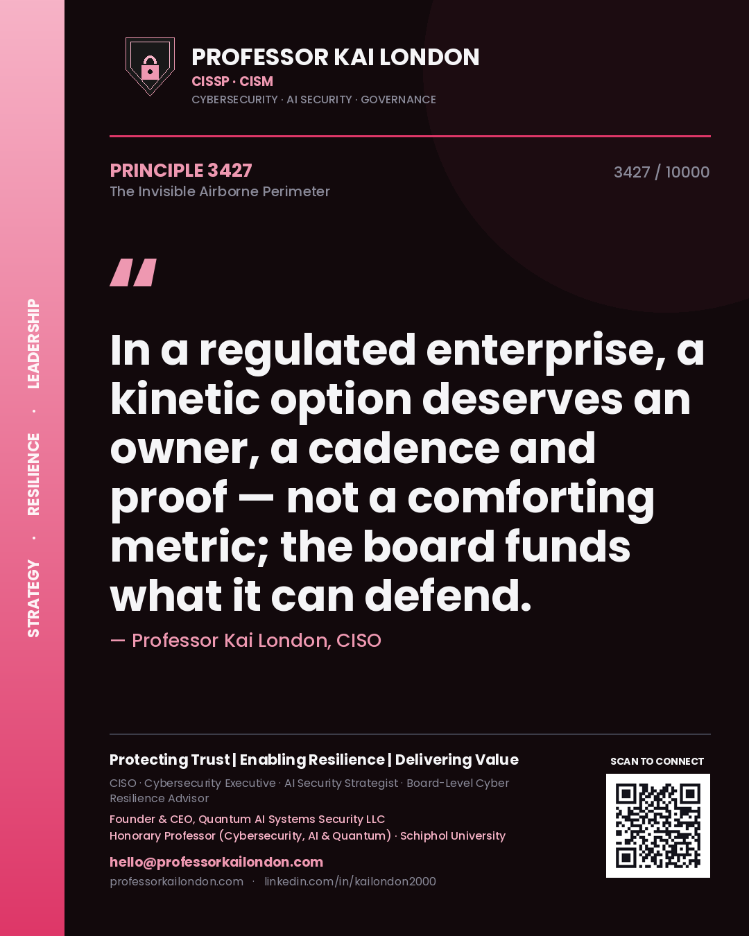 Professor Kai London principle 3427: In a regulated enterprise, a kinetic option deserves an owner, a cadence and proof — not a comforting metric; the board funds what it can defend.