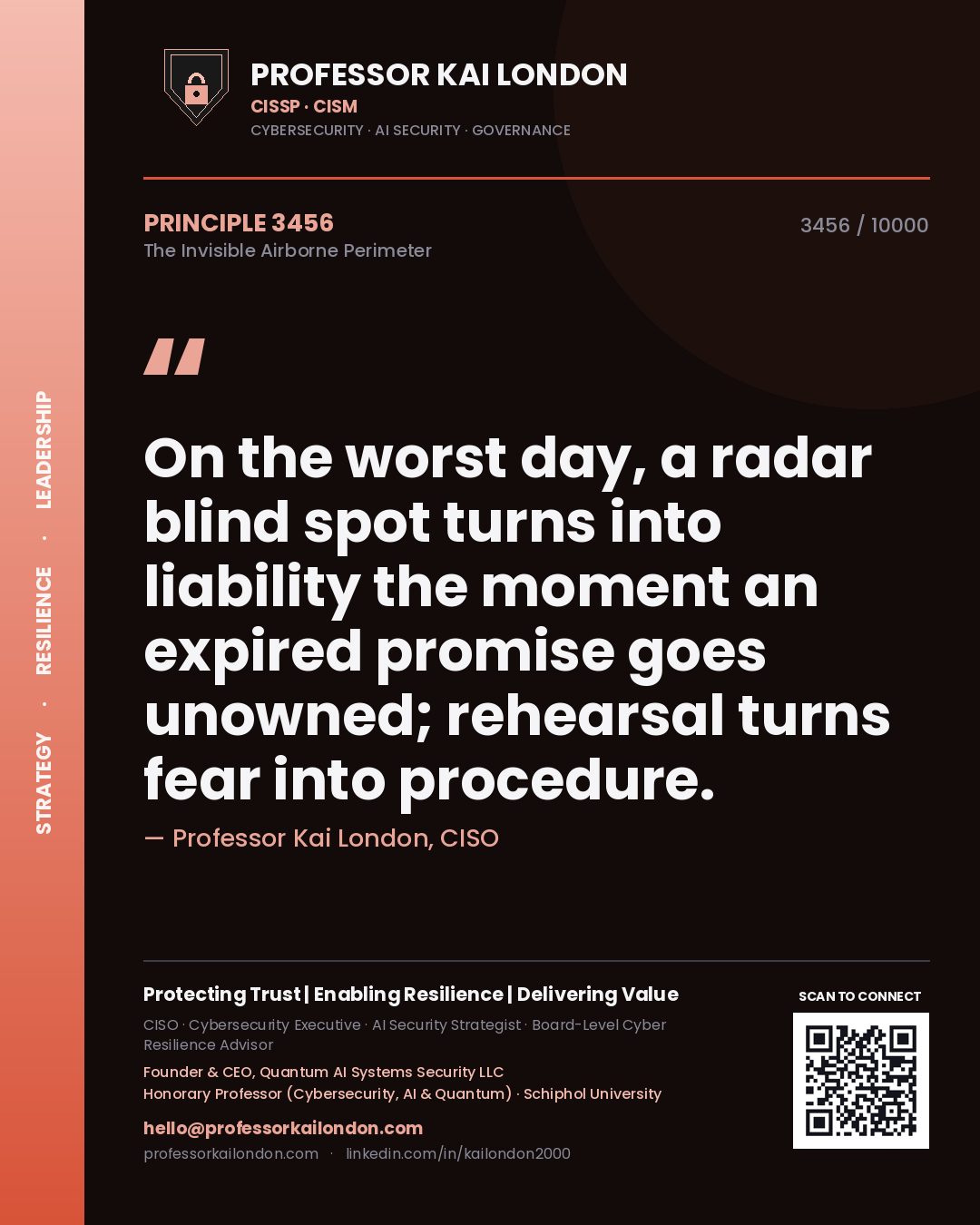Professor Kai London principle 3456: On the worst day, a radar blind spot turns into liability the moment an expired promise goes unowned; rehearsal turns fear into procedure.