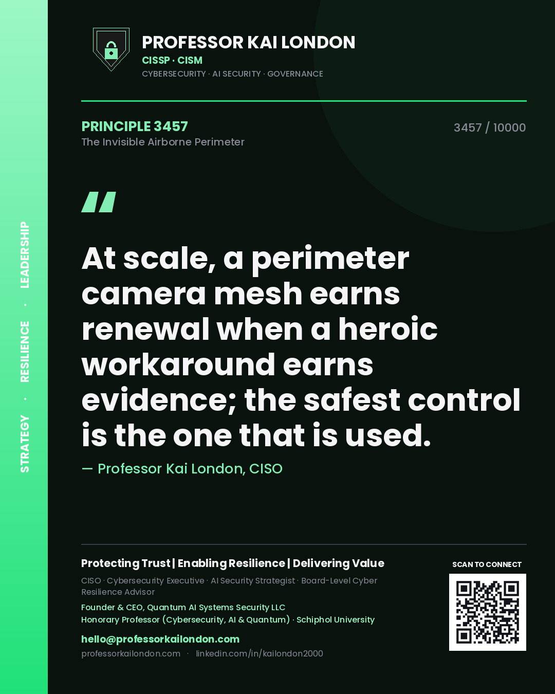 Professor Kai London principle 3457: At scale, a perimeter camera mesh earns renewal when a heroic workaround earns evidence; the safest control is the one that is used.