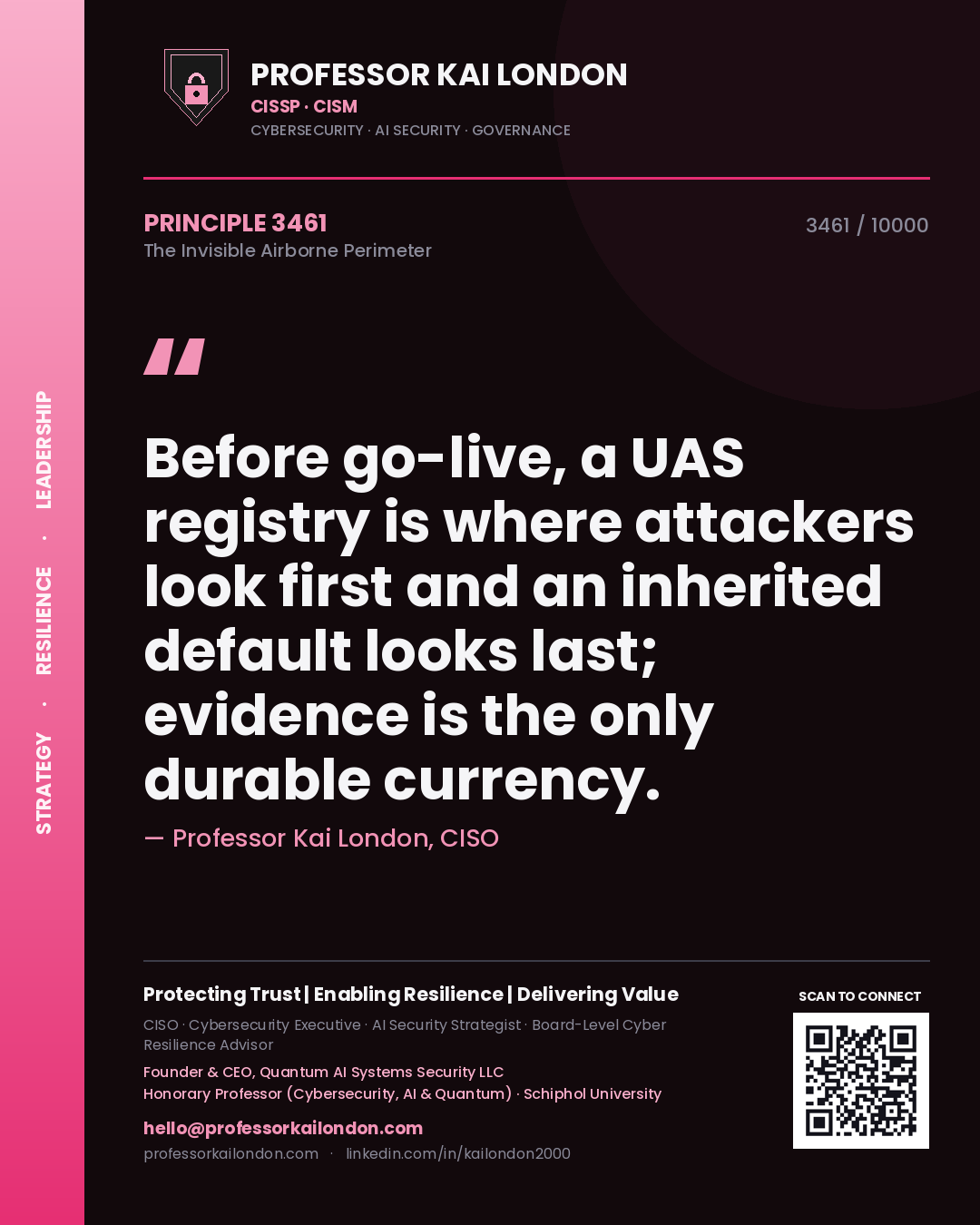 Professor Kai London principle 3461: Before go-live, a UAS registry is where attackers look first and an inherited default looks last; evidence is the only durable currency.