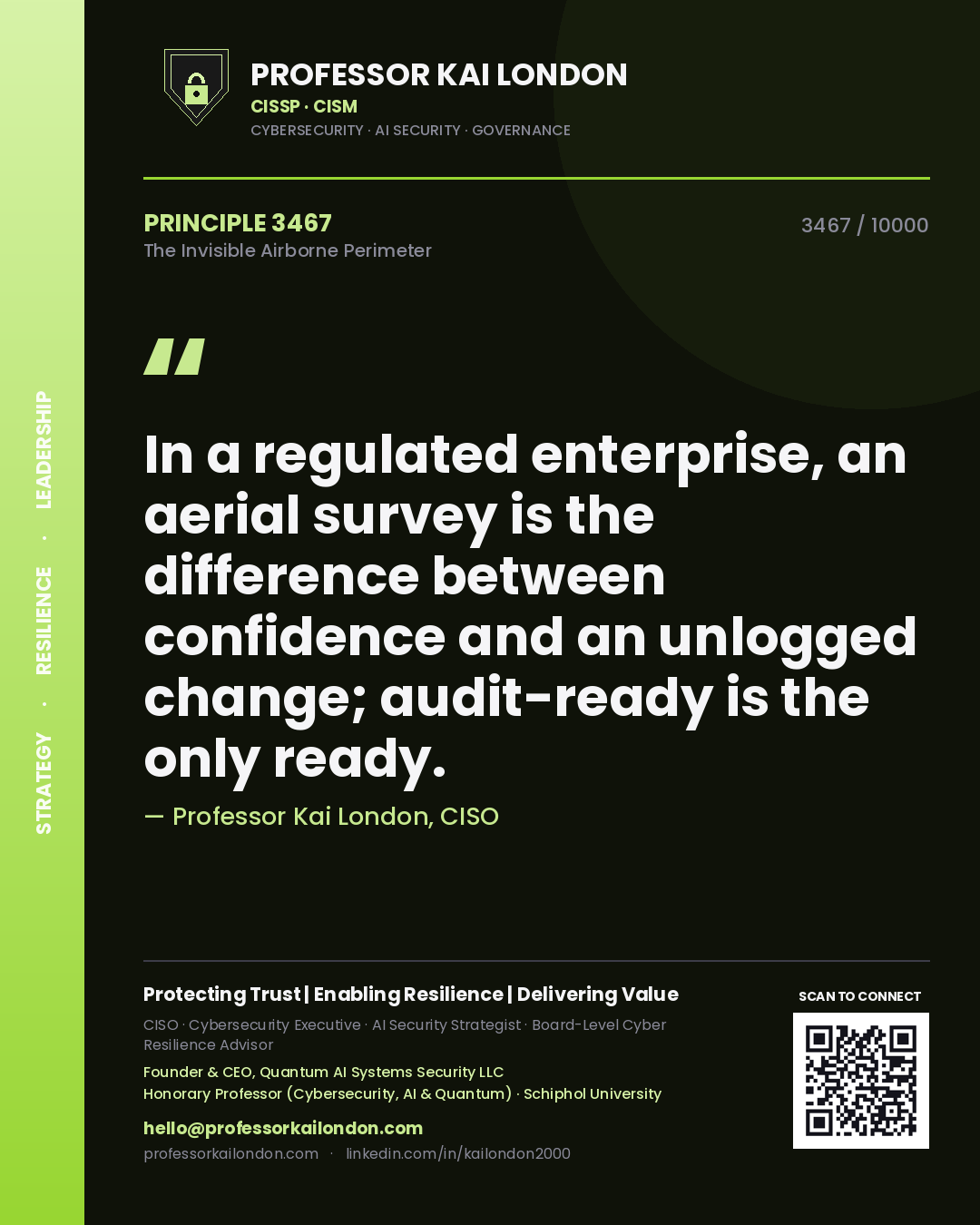 Professor Kai London principle 3467: In a regulated enterprise, an aerial survey is the difference between confidence and an unlogged change; audit-ready is the only ready.