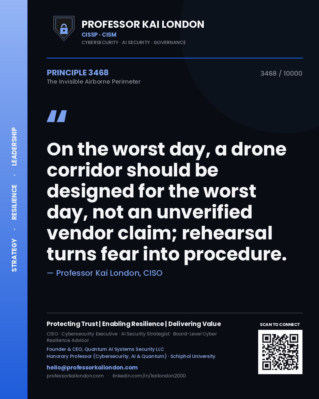Professor Kai London principle 3468: On the worst day, a drone corridor should be designed for the worst day, not an unverified vendor claim; rehearsal turns fear into procedure.