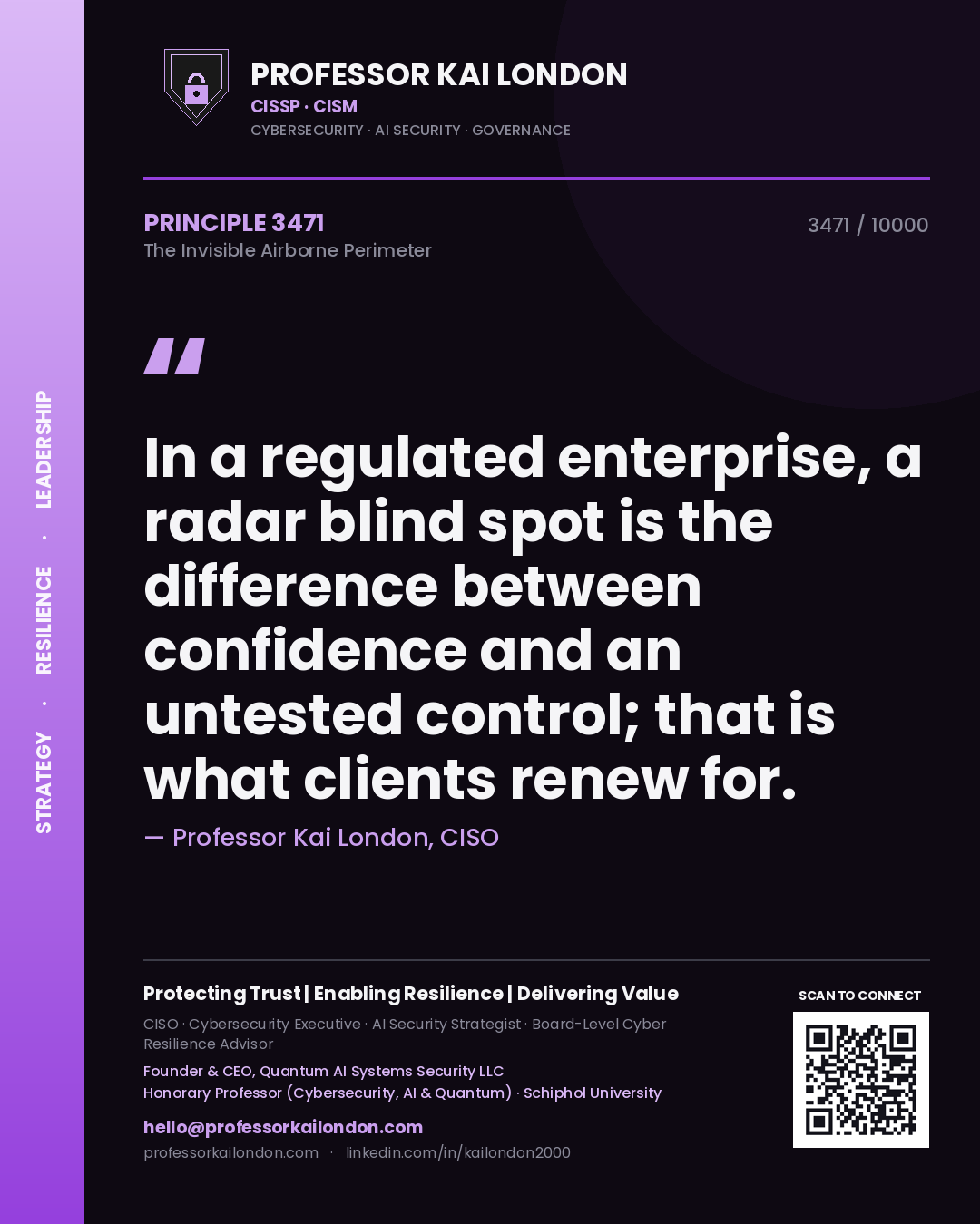 Professor Kai London principle 3471: In a regulated enterprise, a radar blind spot is the difference between confidence and an untested control; that is what clients renew for.
