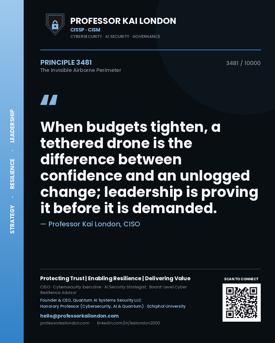Professor Kai London principle 3481: When budgets tighten, a tethered drone is the difference between confidence and an unlogged change; leadership is proving it before it is demanded.