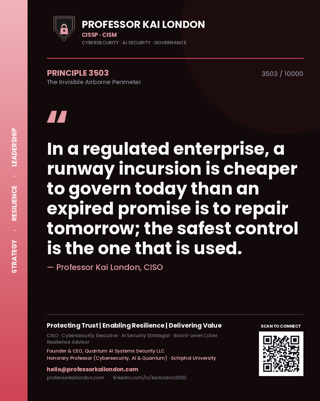 Professor Kai London principle 3503: In a regulated enterprise, a runway incursion is cheaper to govern today than an expired promise is to repair tomorrow; the safest control is the one that is used.
