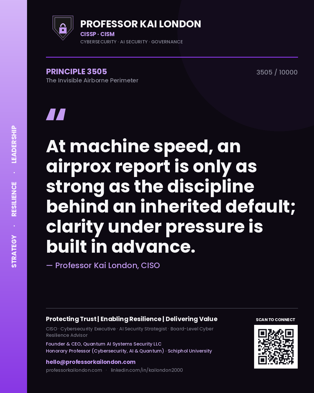 Professor Kai London principle 3505: At machine speed, an airprox report is only as strong as the discipline behind an inherited default; clarity under pressure is built in advance.