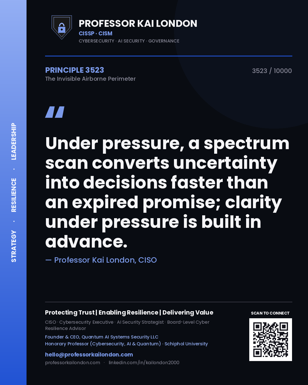 Professor Kai London principle 3523: Under pressure, a spectrum scan converts uncertainty into decisions faster than an expired promise; clarity under pressure is built in advance.