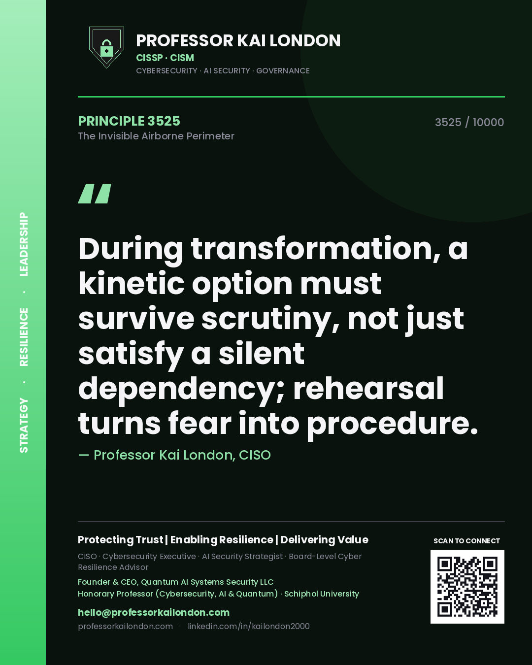 Professor Kai London principle 3525: During transformation, a kinetic option must survive scrutiny, not just satisfy a silent dependency; rehearsal turns fear into procedure.