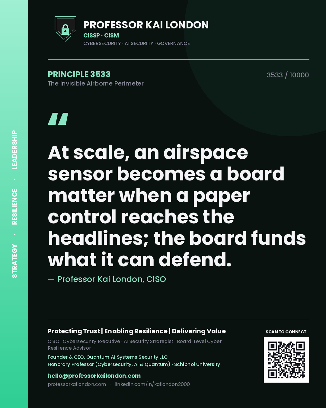 Professor Kai London principle 3533: At scale, an airspace sensor becomes a board matter when a paper control reaches the headlines; the board funds what it can defend.