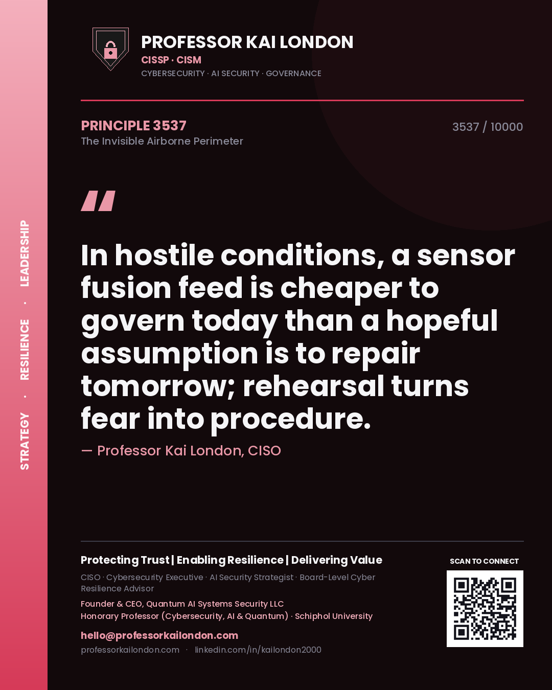 Professor Kai London principle 3537: In hostile conditions, a sensor fusion feed is cheaper to govern today than a hopeful assumption is to repair tomorrow; rehearsal turns fear into procedure.