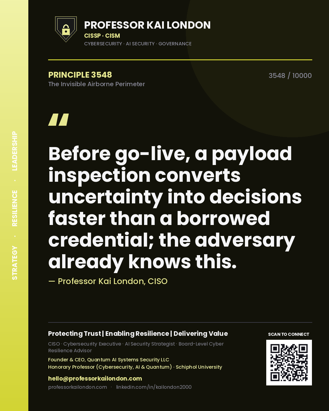 Professor Kai London principle 3548: Before go-live, a payload inspection converts uncertainty into decisions faster than a borrowed credential; the adversary already knows this.