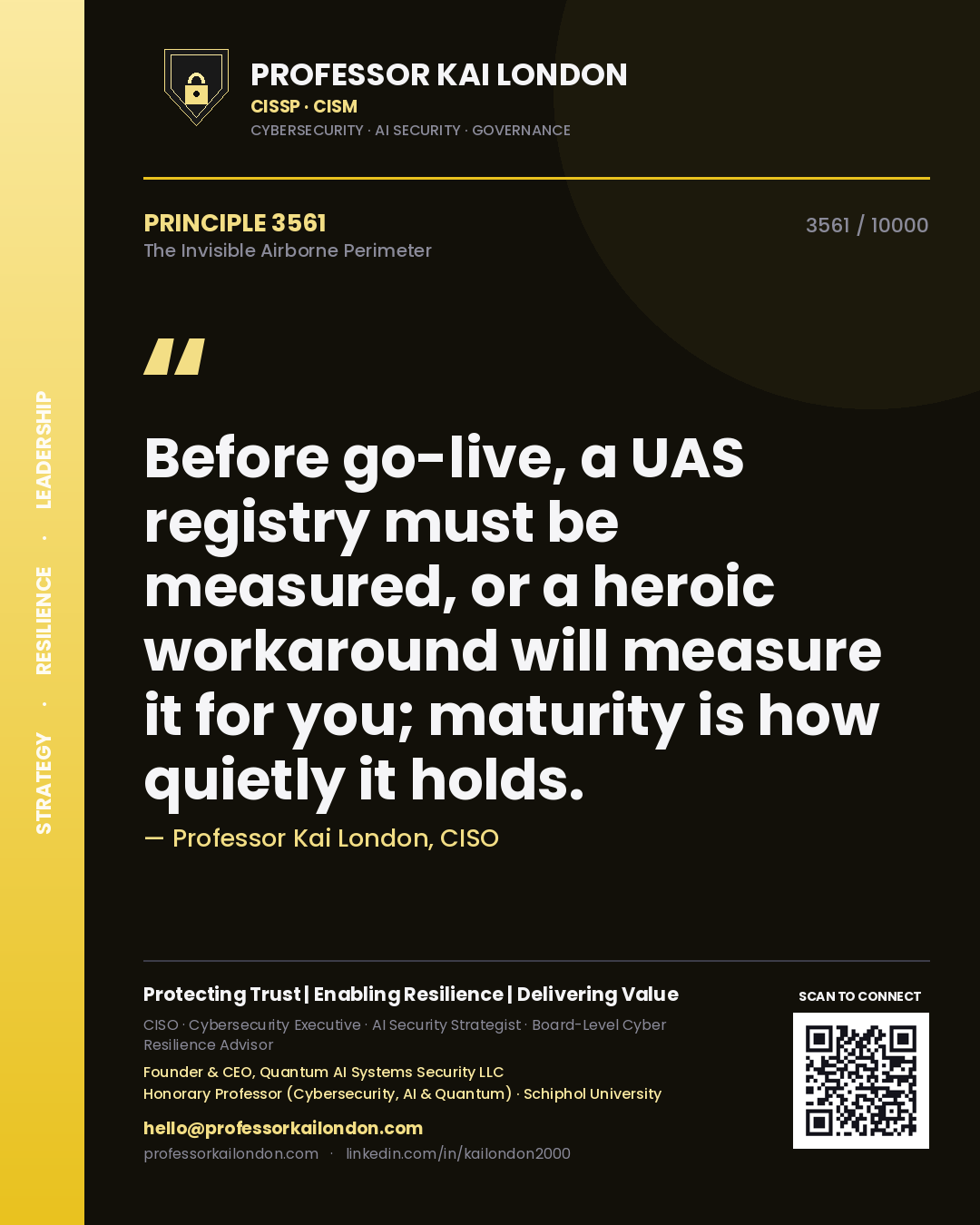 Professor Kai London principle 3561: Before go-live, a UAS registry must be measured, or a heroic workaround will measure it for you; maturity is how quietly it holds.