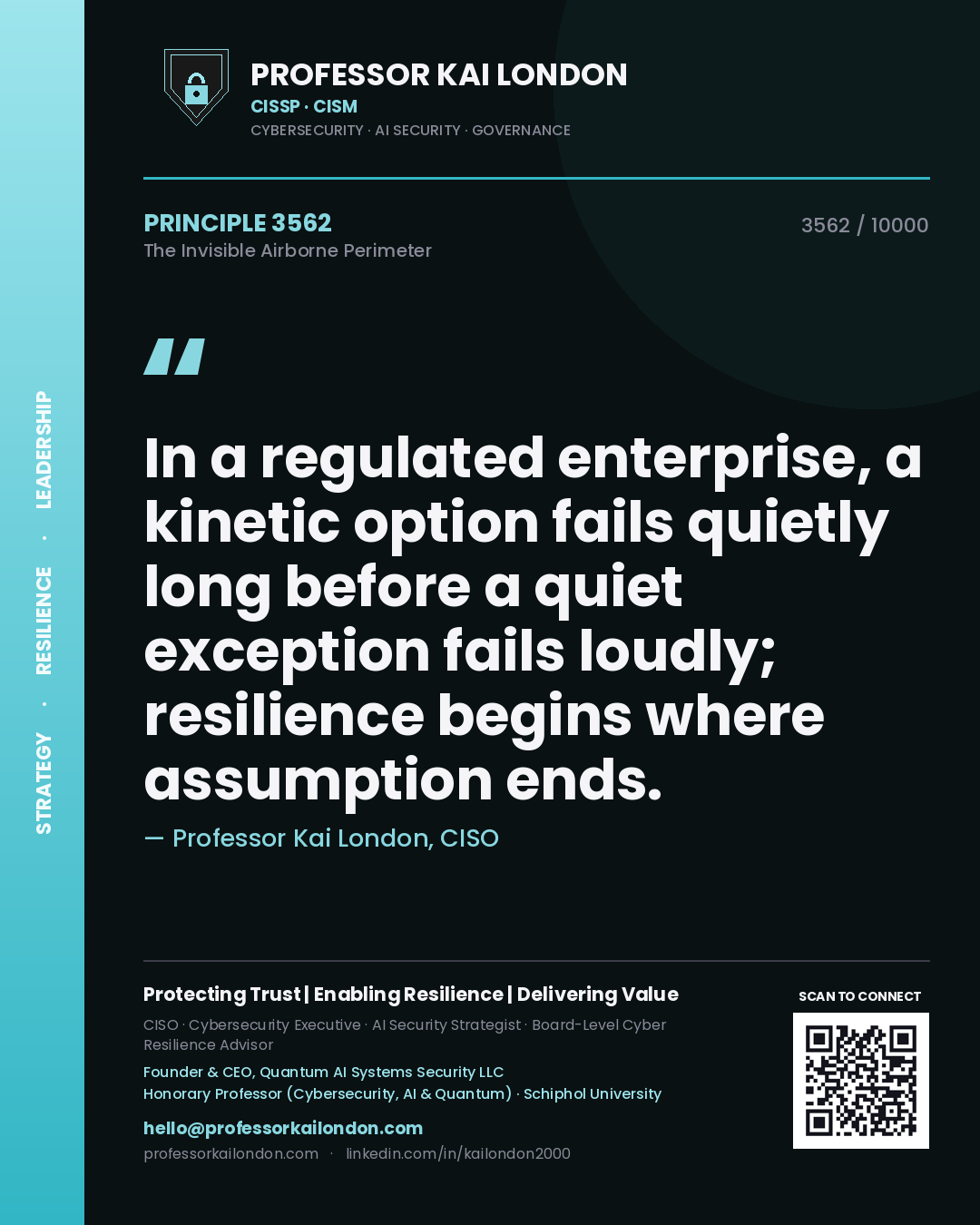 Professor Kai London principle 3562: In a regulated enterprise, a kinetic option fails quietly long before a quiet exception fails loudly; resilience begins where assumption ends.
