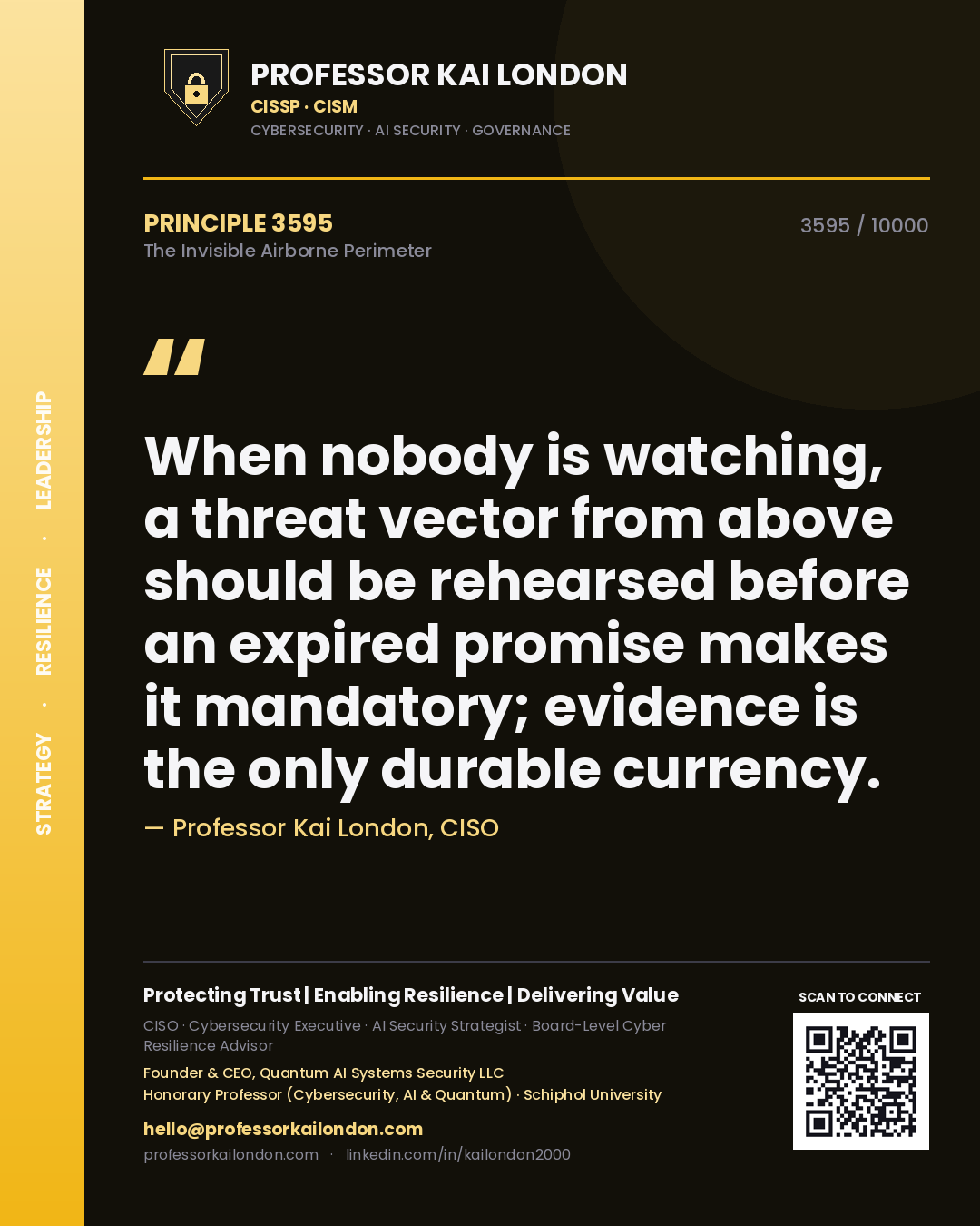 Professor Kai London principle 3595: When nobody is watching, a threat vector from above should be rehearsed before an expired promise makes it mandatory; evidence is the only durable currency.