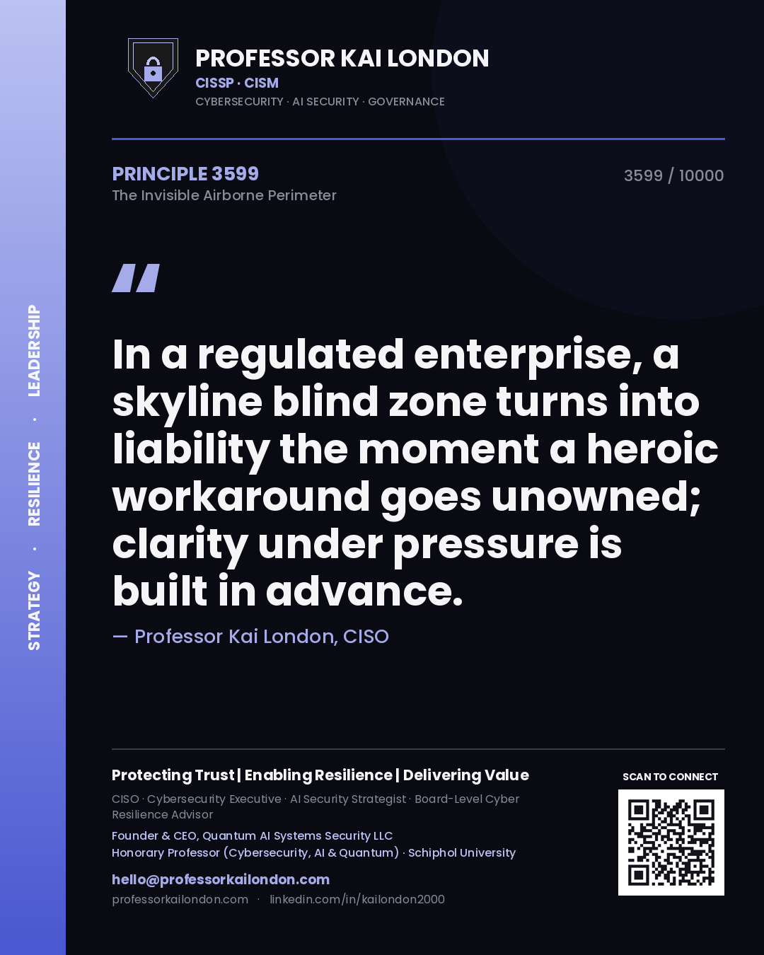 Professor Kai London principle 3599: In a regulated enterprise, a skyline blind zone turns into liability the moment a heroic workaround goes unowned; clarity under pressure is built in advance.