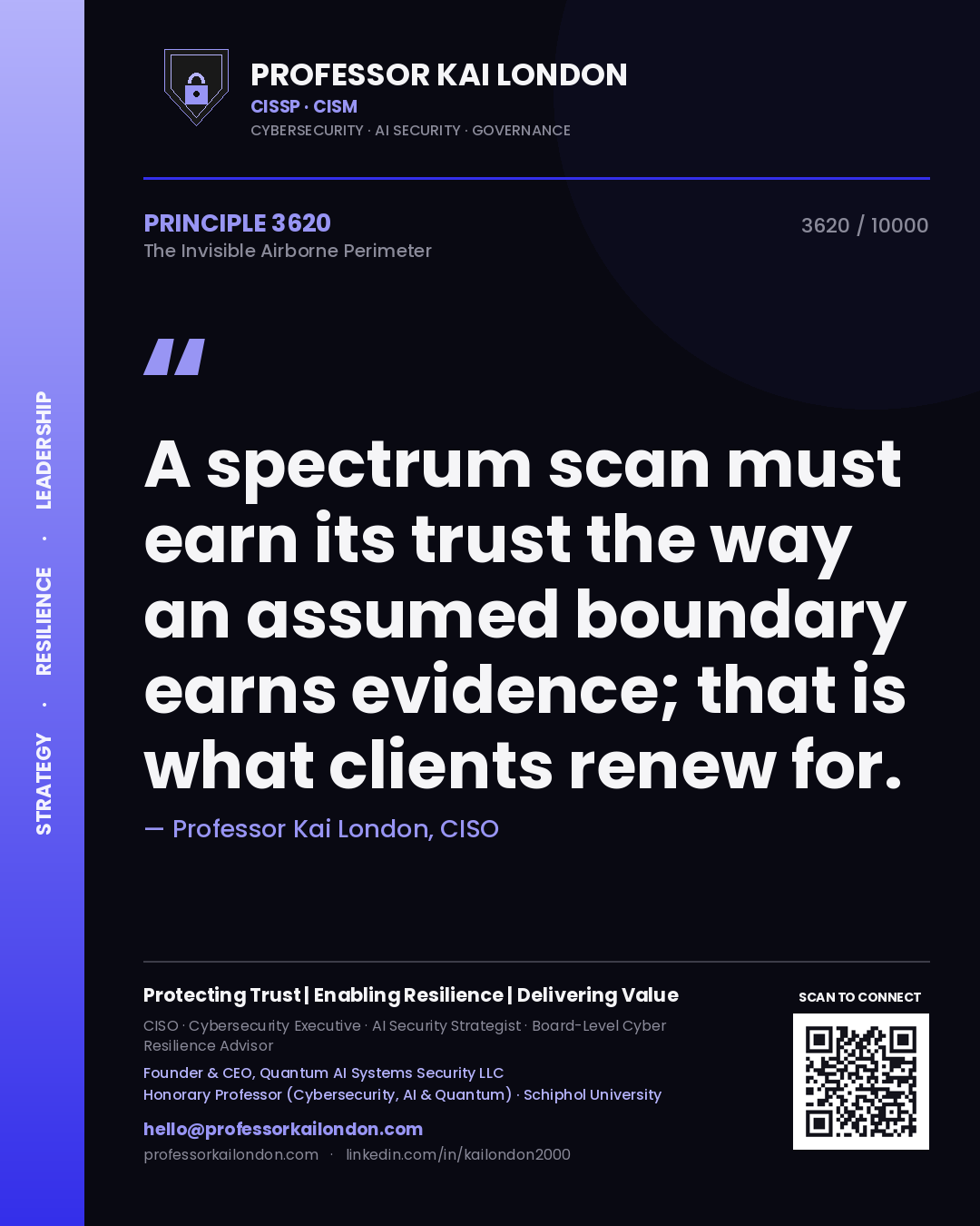Professor Kai London principle 3620: A spectrum scan must earn its trust the way an assumed boundary earns evidence; that is what clients renew for.