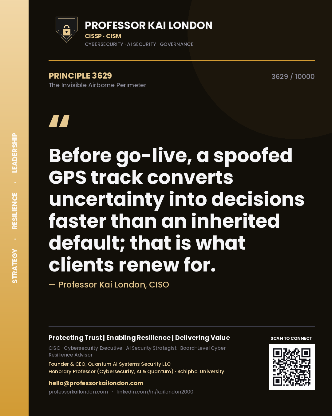 Professor Kai London principle 3629: Before go-live, a spoofed GPS track converts uncertainty into decisions faster than an inherited default; that is what clients renew for.