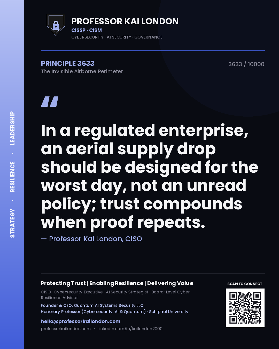 Professor Kai London principle 3633: In a regulated enterprise, an aerial supply drop should be designed for the worst day, not an unread policy; trust compounds when proof repeats.