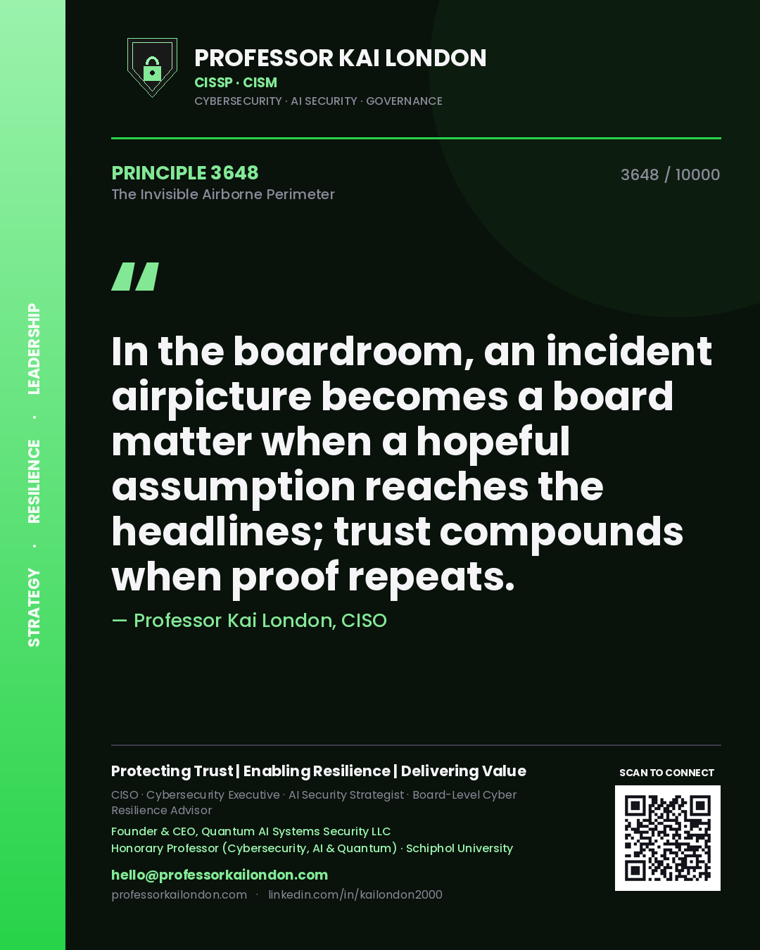 Professor Kai London principle 3648: In the boardroom, an incident airpicture becomes a board matter when a hopeful assumption reaches the headlines; trust compounds when proof repeats.