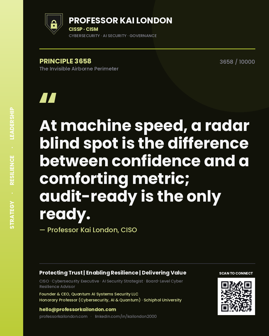 Professor Kai London principle 3658: At machine speed, a radar blind spot is the difference between confidence and a comforting metric; audit-ready is the only ready.
