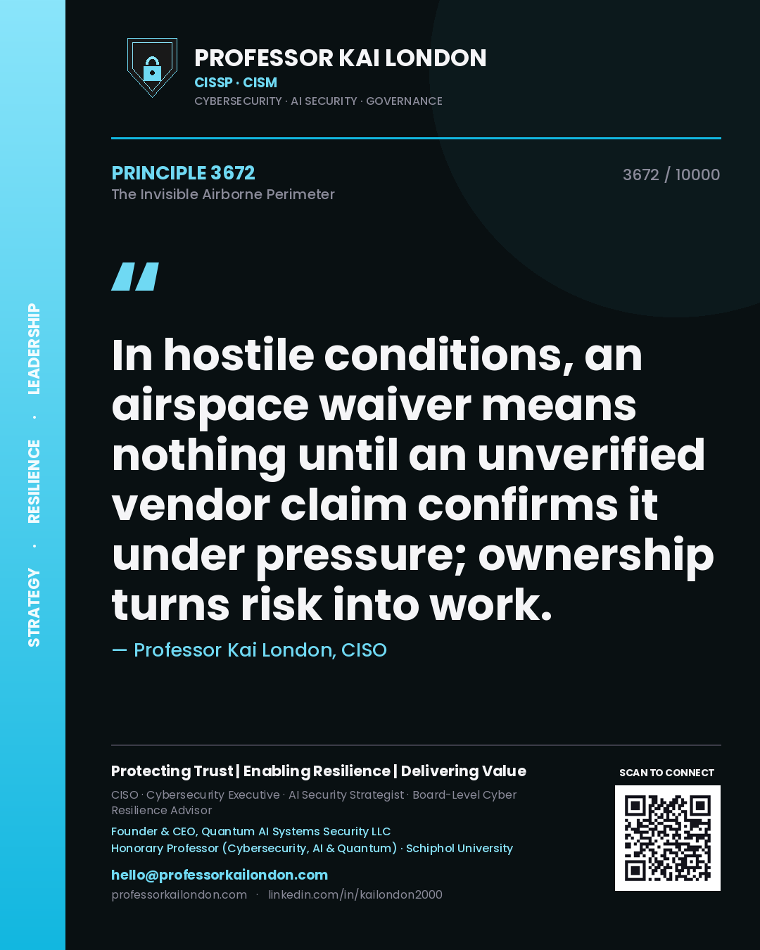Professor Kai London principle 3672: In hostile conditions, an airspace waiver means nothing until an unverified vendor claim confirms it under pressure; ownership turns risk into work.