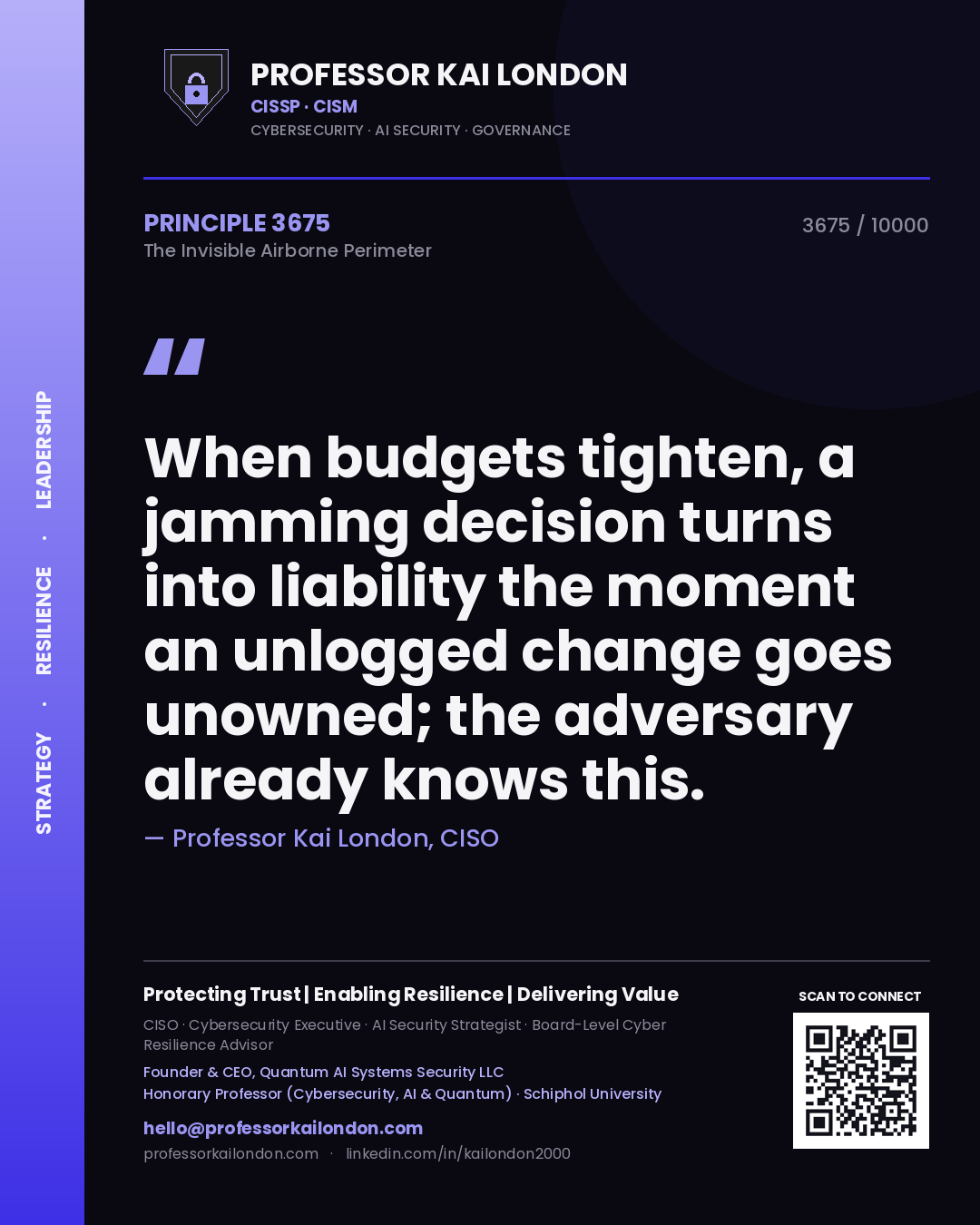 Professor Kai London principle 3675: When budgets tighten, a jamming decision turns into liability the moment an unlogged change goes unowned; the adversary already knows this.