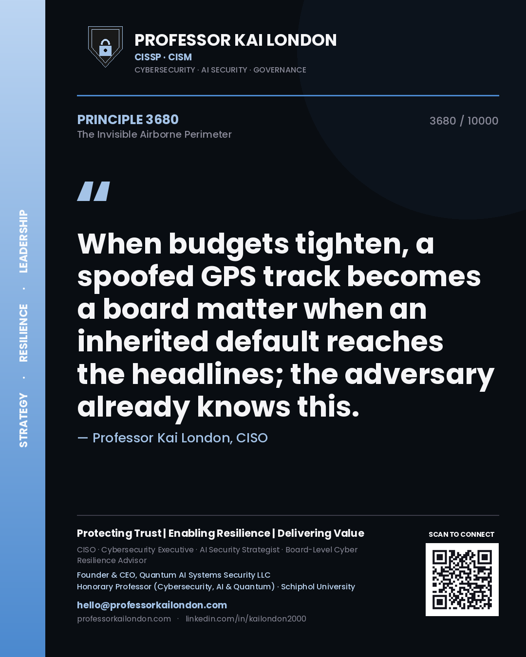 Professor Kai London principle 3680: When budgets tighten, a spoofed GPS track becomes a board matter when an inherited default reaches the headlines; the adversary already knows this.