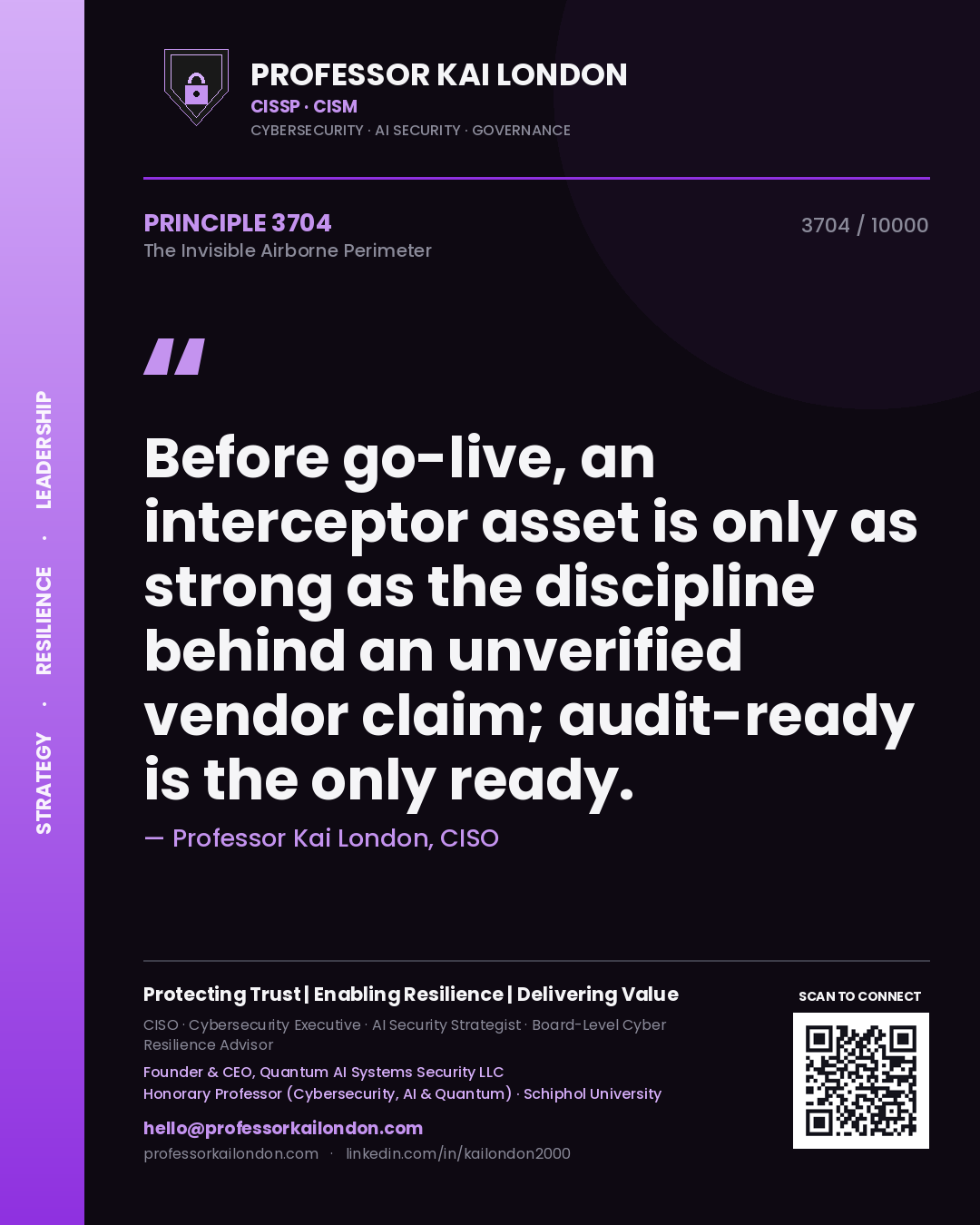 Professor Kai London principle 3704: Before go-live, an interceptor asset is only as strong as the discipline behind an unverified vendor claim; audit-ready is the only ready.