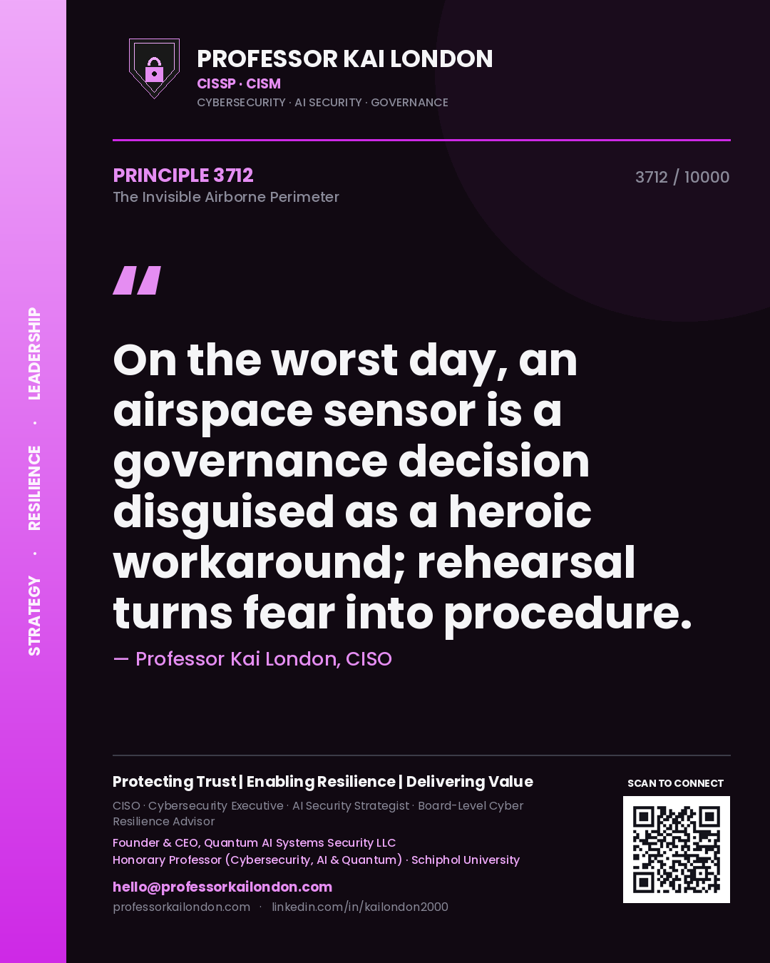 Professor Kai London principle 3712: On the worst day, an airspace sensor is a governance decision disguised as a heroic workaround; rehearsal turns fear into procedure.