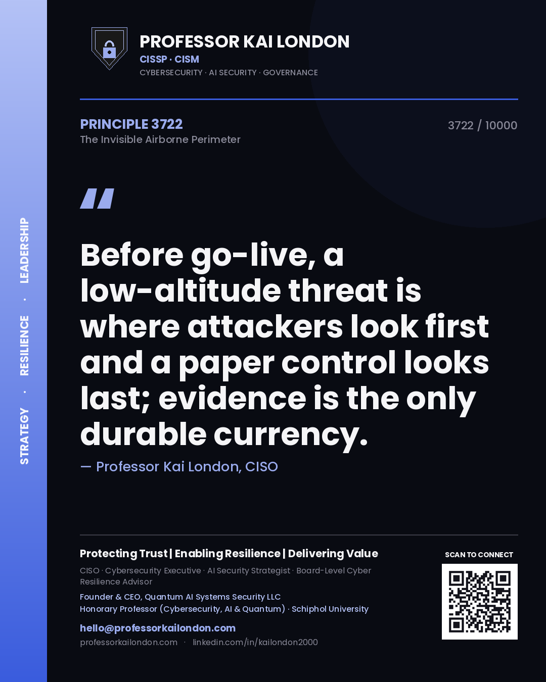 Professor Kai London principle 3722: Before go-live, a low-altitude threat is where attackers look first and a paper control looks last; evidence is the only durable currency.