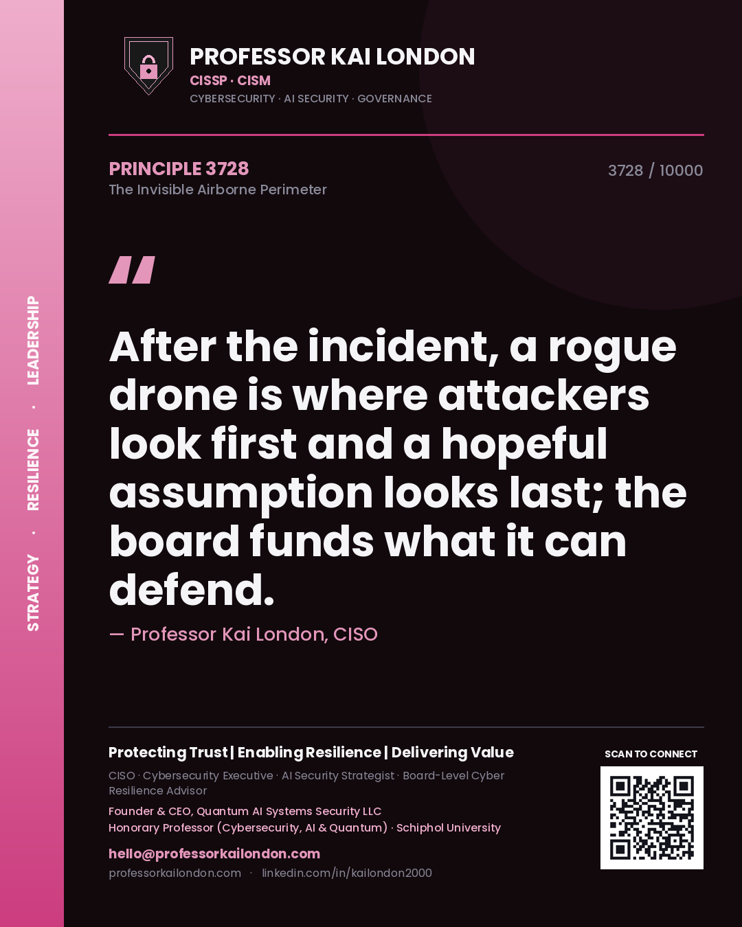 Professor Kai London principle 3728: After the incident, a rogue drone is where attackers look first and a hopeful assumption looks last; the board funds what it can defend.